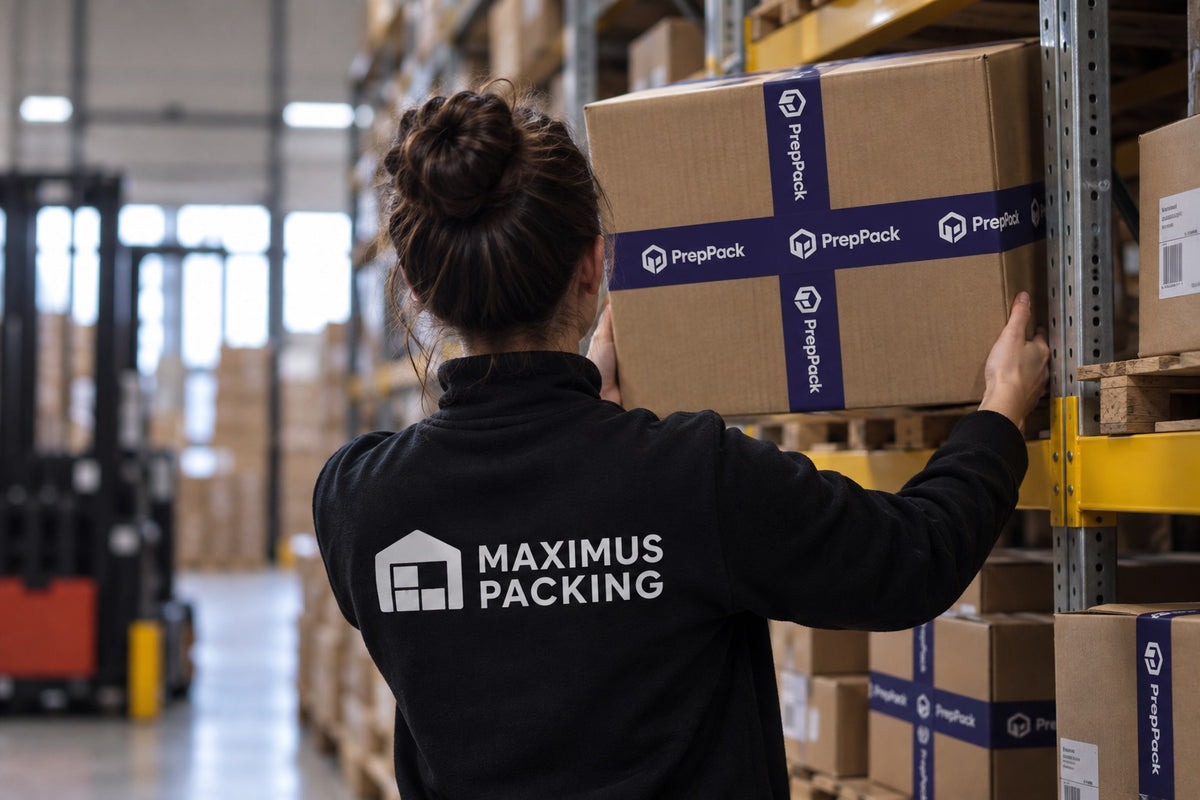 Medewerker pakt een PrepPack-doos uit het magazijnschap.